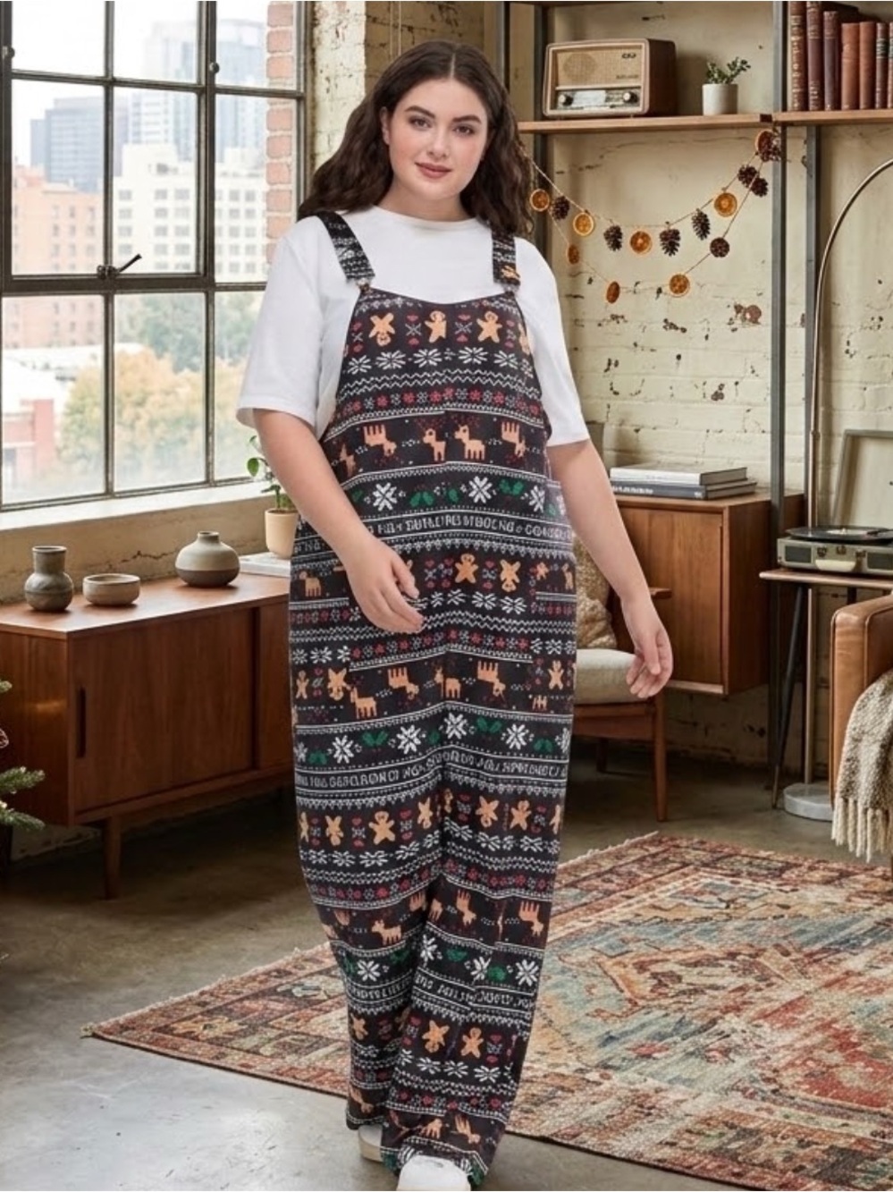 BloomChic Black Festive Reindeer & Gingerbread Print Plus-Size Overalls